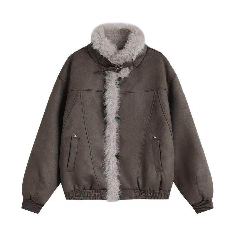 Coffee suede fur collar patchwork jacket