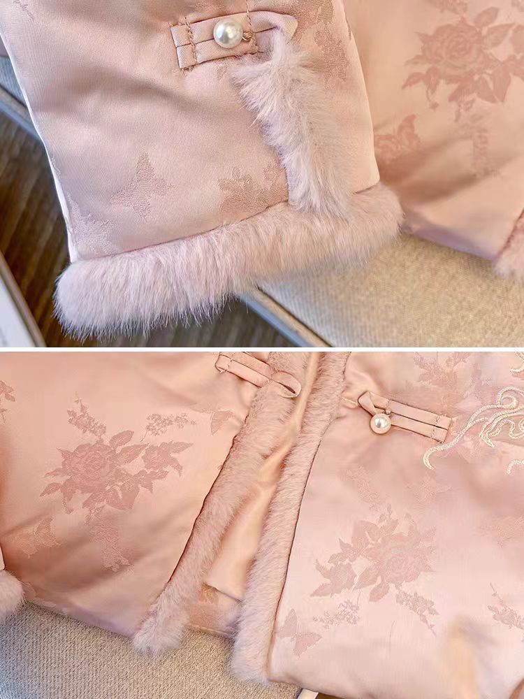 Cherry pink Chinese-style jacquard fur collar cotton-padded jacket